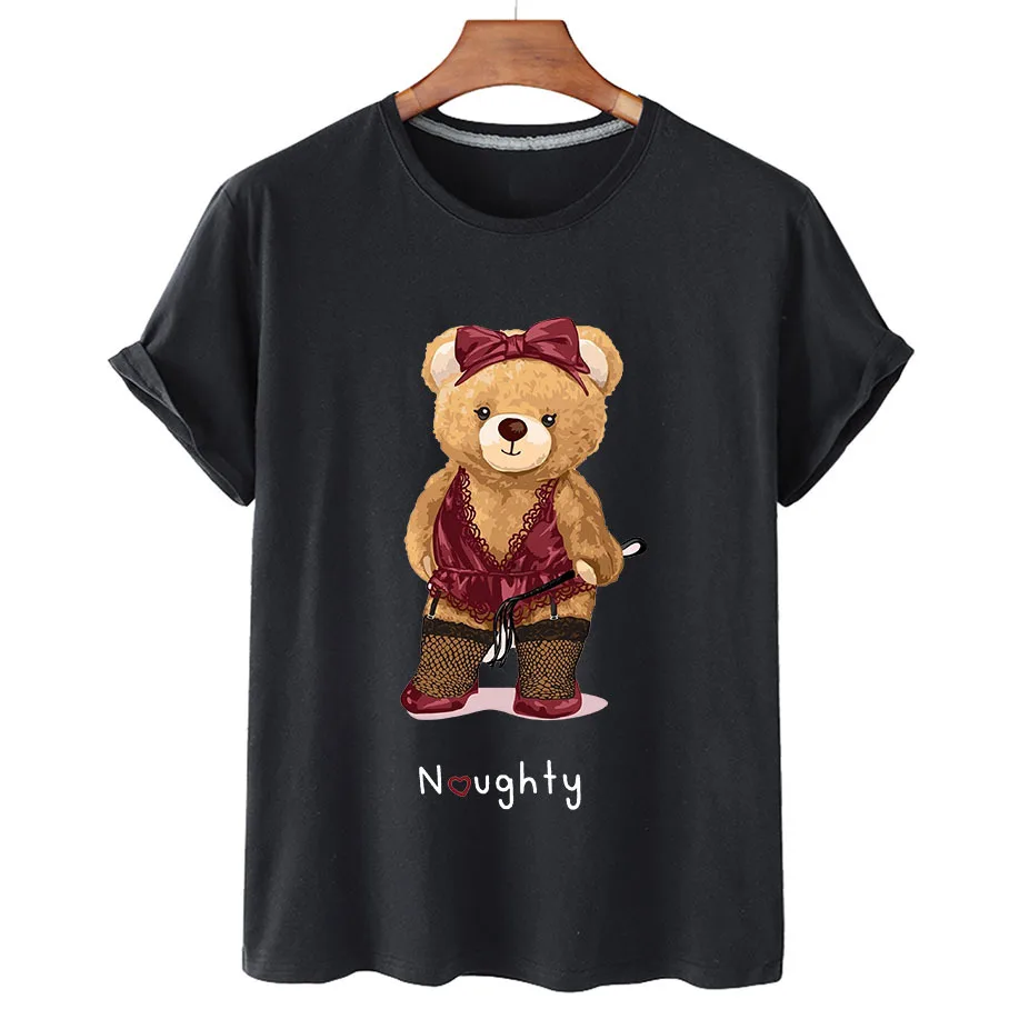 

100% Cotton Spice Lace Bear T-shirt 2022 Summer T-shirt Women Short Sleeve O-neck T-shirt Unisex Plus Oversized Women's T-shirt