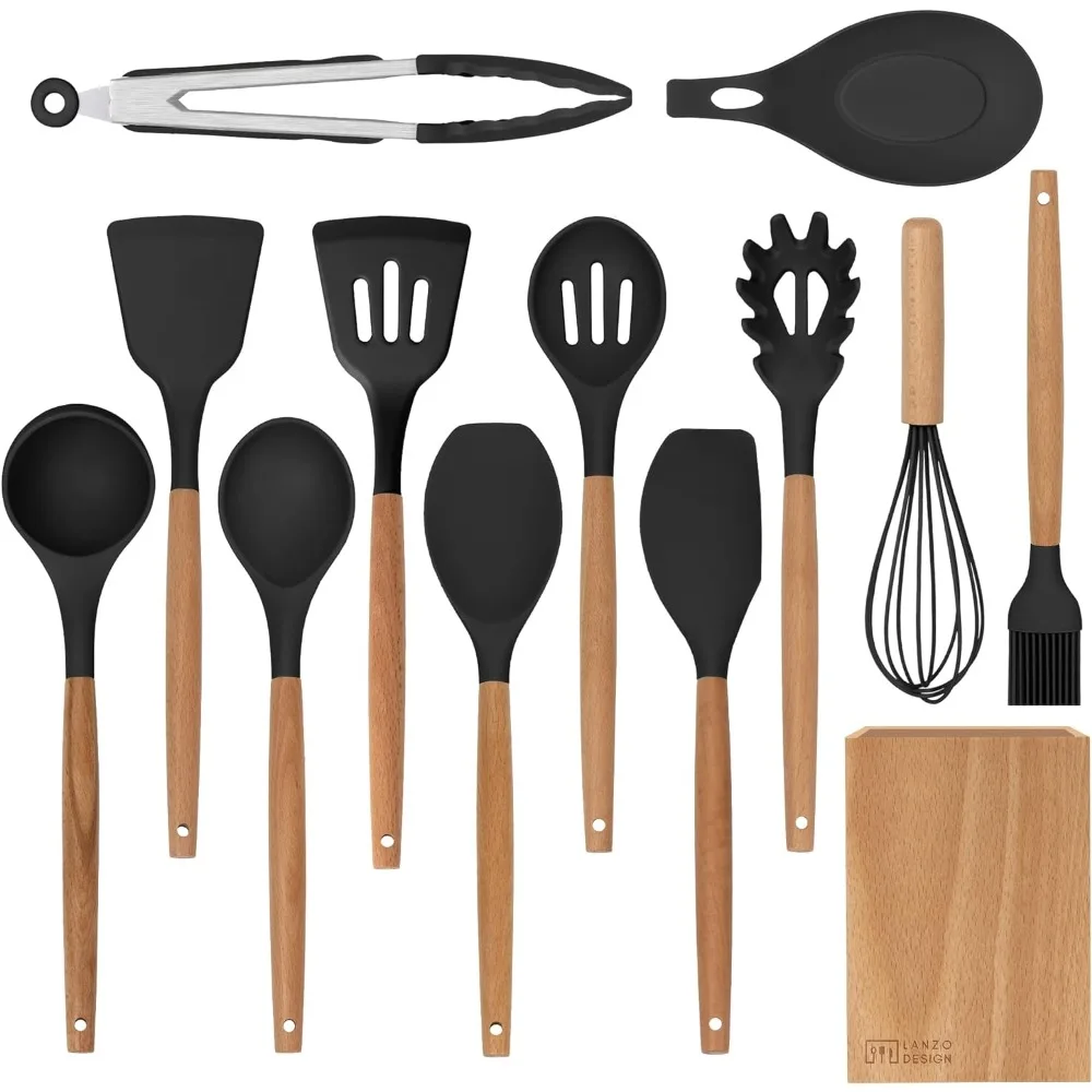 

13 Pcs Non-Stick Silicone Cooking Utensils Spatula Set With Wooden Holder (Black) For Kitchen Tools Accessory Kitchenware Gadget
