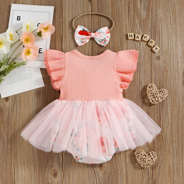 Infant Baby Girls Casual Romper Fly Sleeve Floral Printed Mesh Patchwork Cotton Rib Jumpsuits