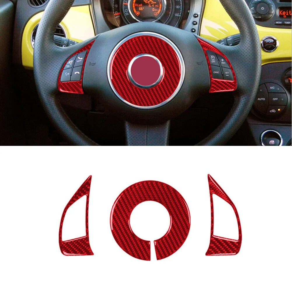 3Pcs Red Carbon Fiber Interior Steering Wheel Accent Cover Trim For