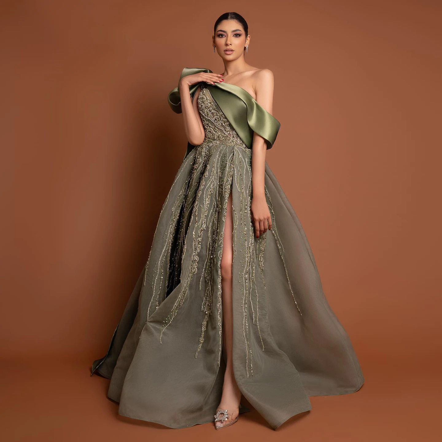 Sharon Said Luxury One-Shoulder Olive Green Evening Gown with Cape Sleeves