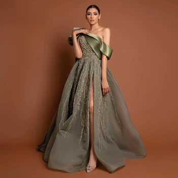 Luxury Dubai One Shoulder Olive Green Arabic Evening Dress with Cape Sleeves Side Slit Wedding Party Gowns 323 1