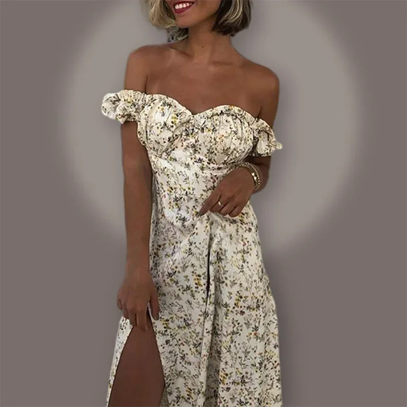 

New Summer Floral Off Shoulder Puff Sleeve Maxi Dress For Woman Robe Sexy Lace Up Side Split Chic Mid-Calf Aesthetic Dress QT044