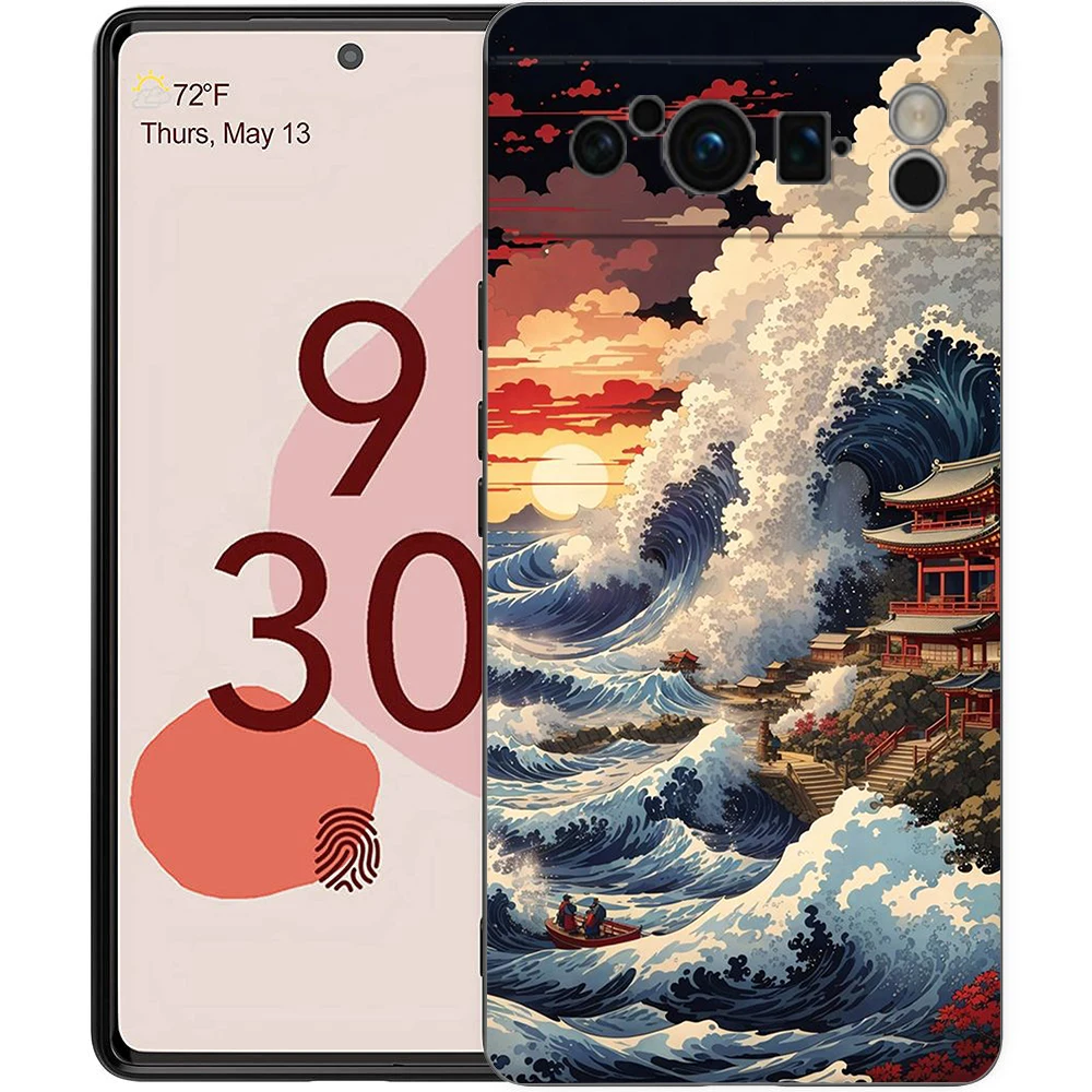 Stylish Black TPU Soft Back Phone Cover Featuring The Great Wave of Kanagawa Design