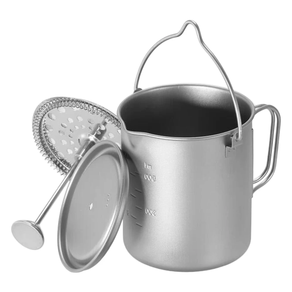 Lixada 750ml Titanium Coffee Cup Mug French Press Pot Coffee Maker Outdoor Camping Cooking Pot with Folding Titanium Spoon