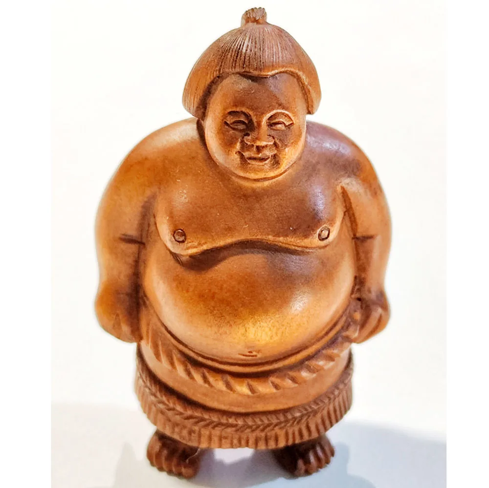 Y8246 - 2 손 조각 회양목 Netsuke 조각 입상: 일본 레슬러 남자