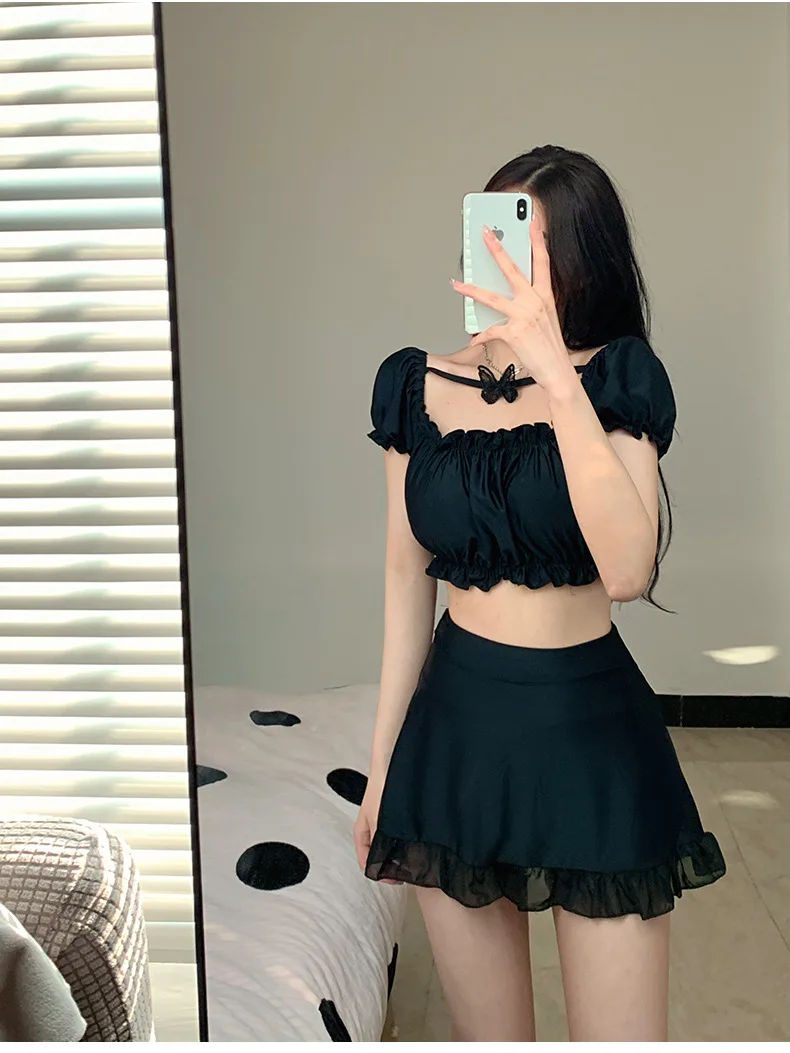 VigoAnne 2023 Black Short Sleeve Swimwear Women Sexy High Waist Skirt Bikini Set Korean Lolita Swimsuit Summer Bathing Suit
