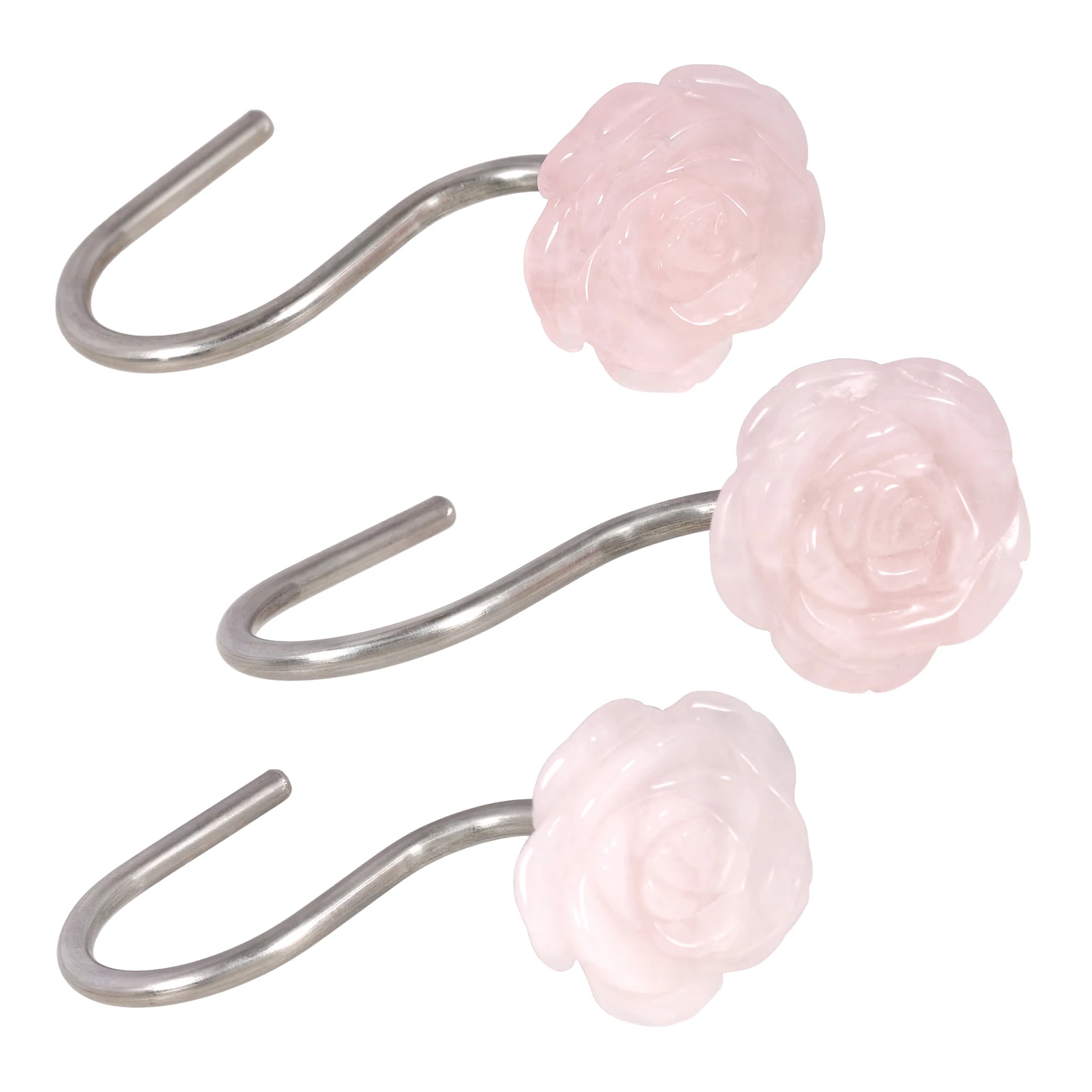 Black Obsidian Carved Rose Shower Curtain Hooks, Flower Shape Stainless Steel Shower Hooks For Bathroom Shower Rod Home Decor