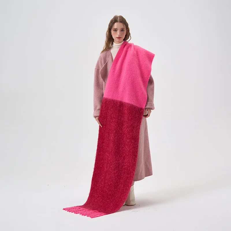 2023 Winter Simple Color Blocking Supple Plush Scarf Thickened Lengthen Warm Tassel  Comfortable Versatile Women Collar Shawl