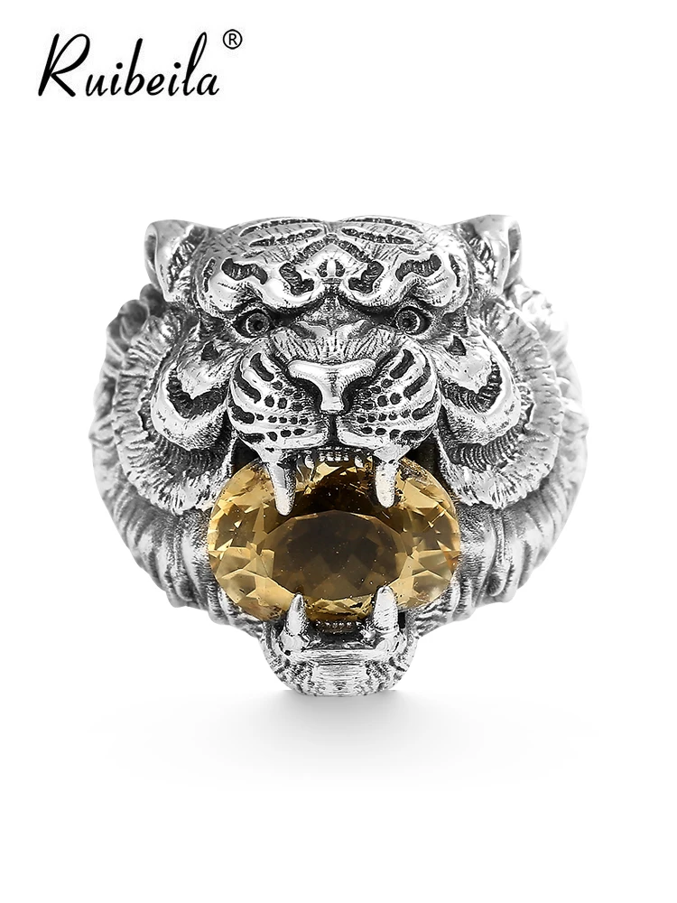Ruibeila Citrino Zodiaque Tigre Bague Homme Dominatrice S925 Argent Tigre Indice Bague Ouverture Residence