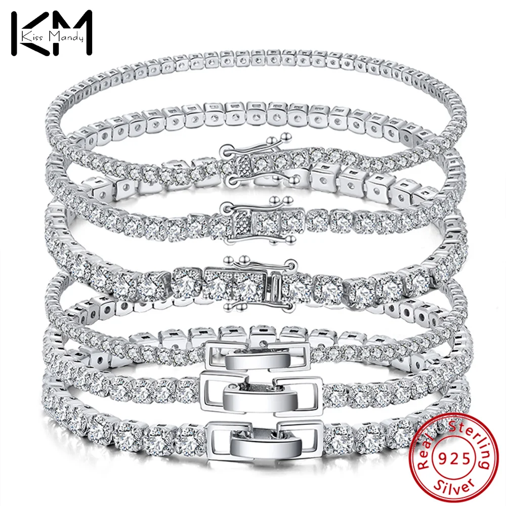 

KISS MANDY Authentic 925 Sterling Silver Tennis Pave Clear Cubic Zirconia Bracelets Bangles For Women Men Wedding Jewelry SB61