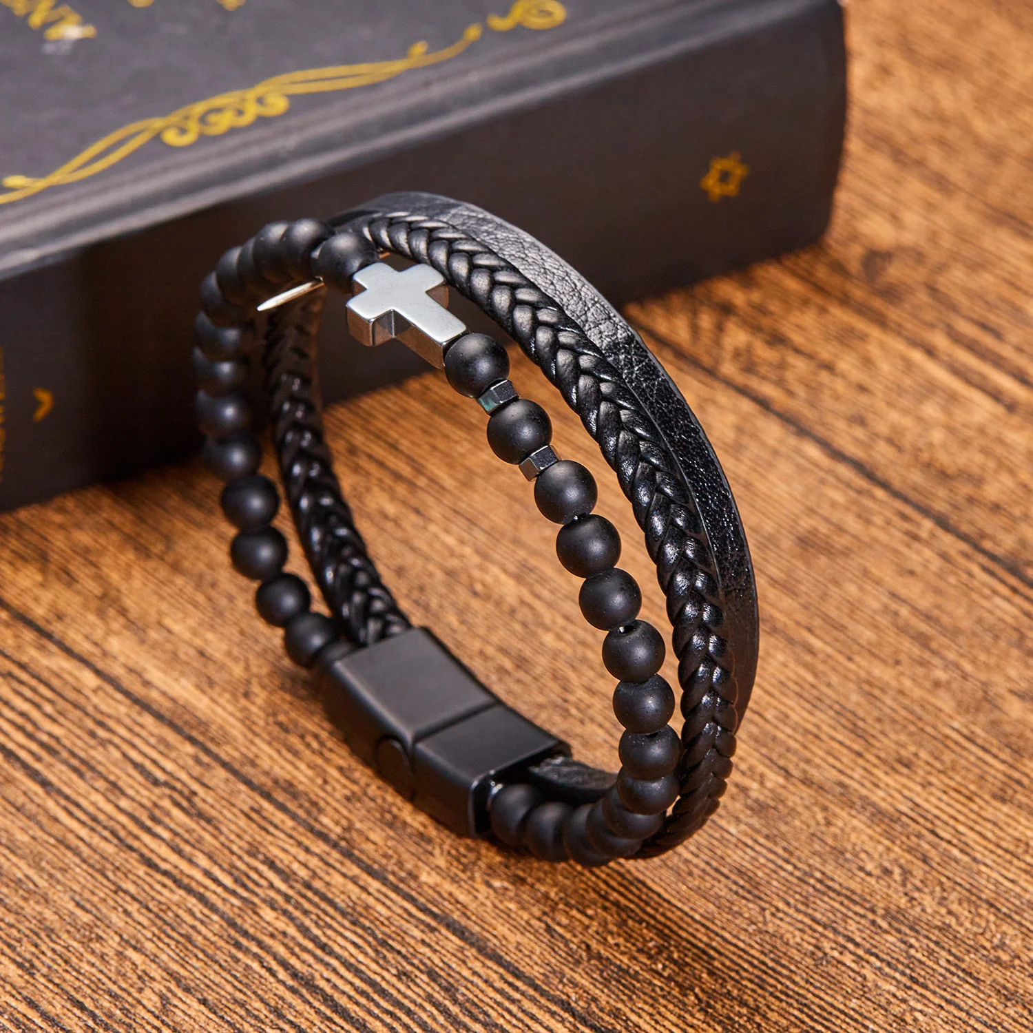 Men Leather Bracelet Vintage Fashion Tiger Eye Volcanic Stone Beaded Multi Layer Leather Cross Bracelet for Men Jewelry Gift leather bracelet beaded bracelet stone bracelet