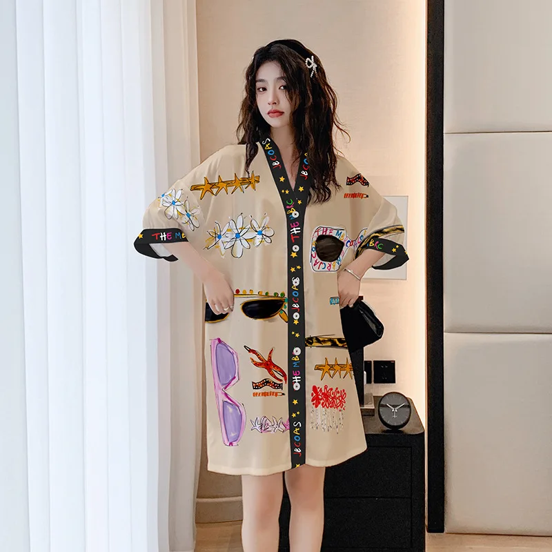 

Satin Chiffon Pajamas Ladies Summer Nifty Cute Sunglasses Loose Cardigan Large Version Nightgown Cute Cartoon Home Clothes