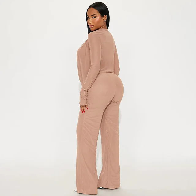 Daisy Mesh Long Sleeves Deep V-neck Pant Set 32