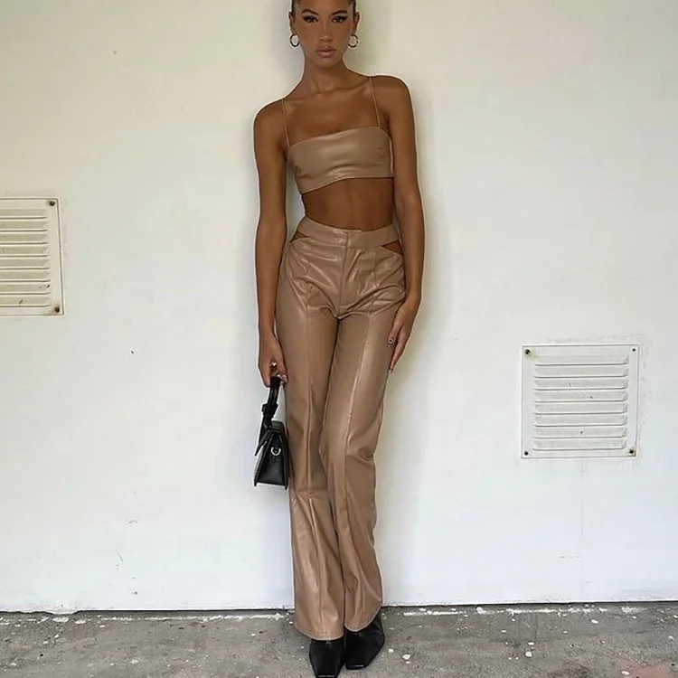new Pu Learn Fashion Second set Cut Long Broek and Crop Top Matching sets  Sexy outfits for women c97 IZ54|Pant Suits| - AliExpress