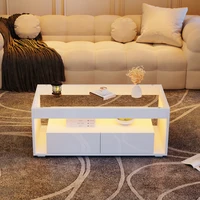 Table basse avec éclairage LED 16 couleurs, table de canapé rectangulaire avec 2 grands tiroirs, table de salon en verre, design à double couche 6