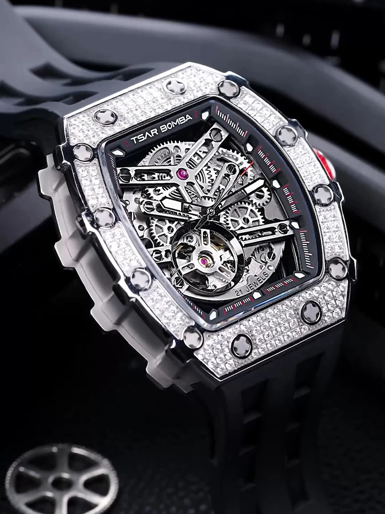 TSAR BOMBA Watches for Men Diamond Automatic Watches Luxury Mens Mechanical Watch White Wristwatch Waterproof Skeleton Clock 3