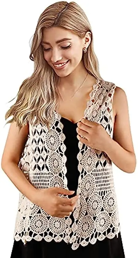 Womens Floral Crochet Lace Boho Trim Sleeveless Open Front Vest Cardigan White Beige
