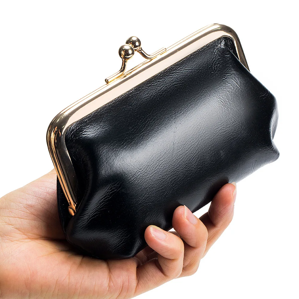 Genuine Leather Wallet Women's Multi-card Slot Card Holder Women Oil Wax Leather Brand Metal Frame Mini Coin Purse with Key Ring