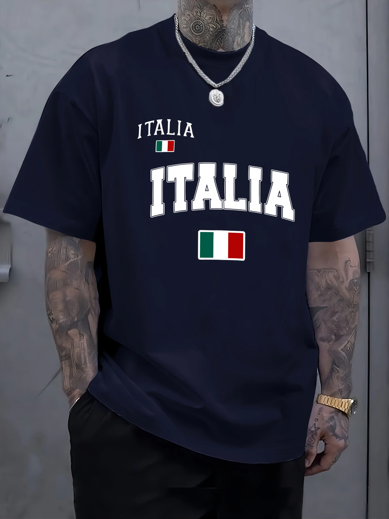 Italia italienische Flagge Druck Herren T-Shirt Sommer übergroße T-Shirts Baumwolle Mode All-Match Streetwear Rundhalsausschnitt bequemes Top – Detail 17