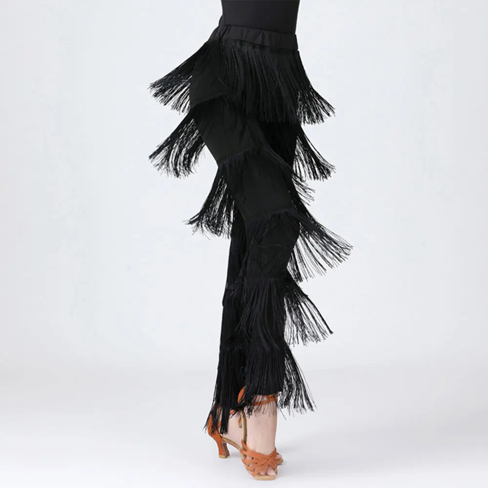 Womens Dancewear Elastic Waistband Tassel Latin Dance Pants Tango Cha-Cha Performance Costume Tiered Fringed Trousers