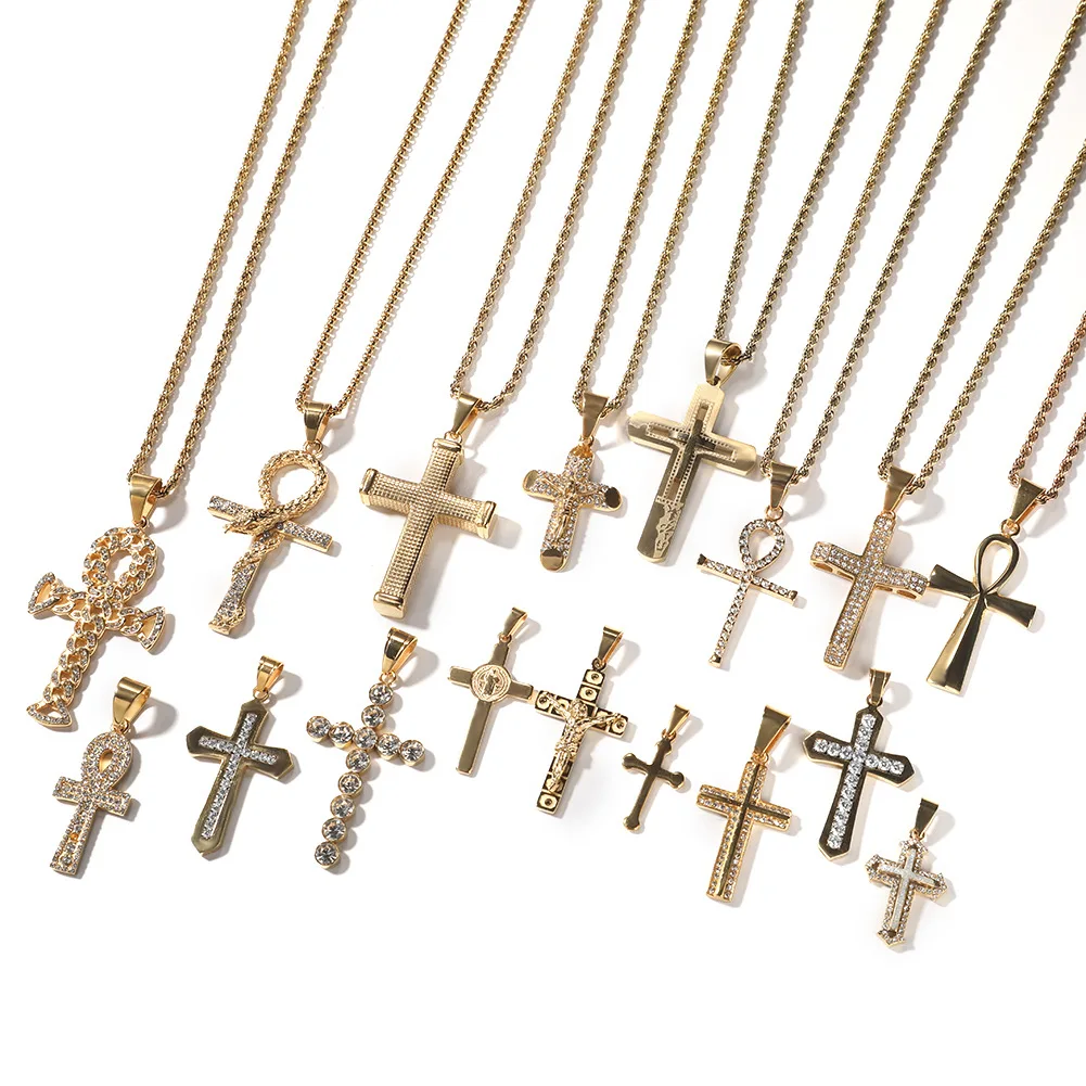 HH BLING EMPIRE Gold or Silver Diamond Cross Pendant Necklace for Men Women  with Iced Out Chains 24 Inch (Ankh A-Gold, & Cuban)