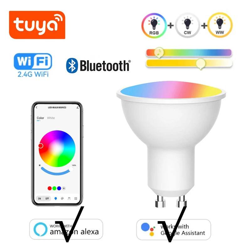 Фото Smart Life GU10 Wi-Fi Bluetooth 5 Вт RGB + CW светодиодный прожектор с регулируемой яркостью для дома, гостиной №1