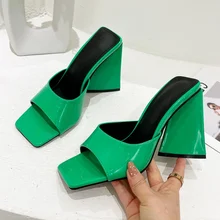 

Summer Women Design Heels Casual Slippers Women Square Peep Toe High Heels Slides Triangular Block Heels Shoes for Women 2021