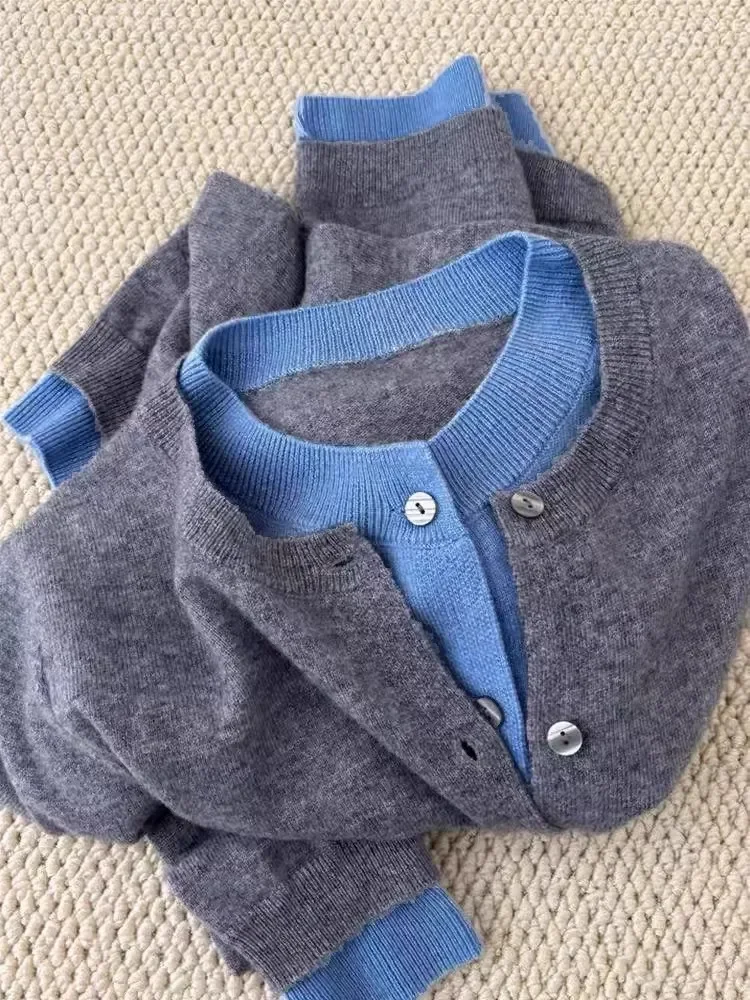 Fake Two 100% Pure Cashmere Sweater Cardigan Dark Grey High-grade Wool Knit Coat Top 4
