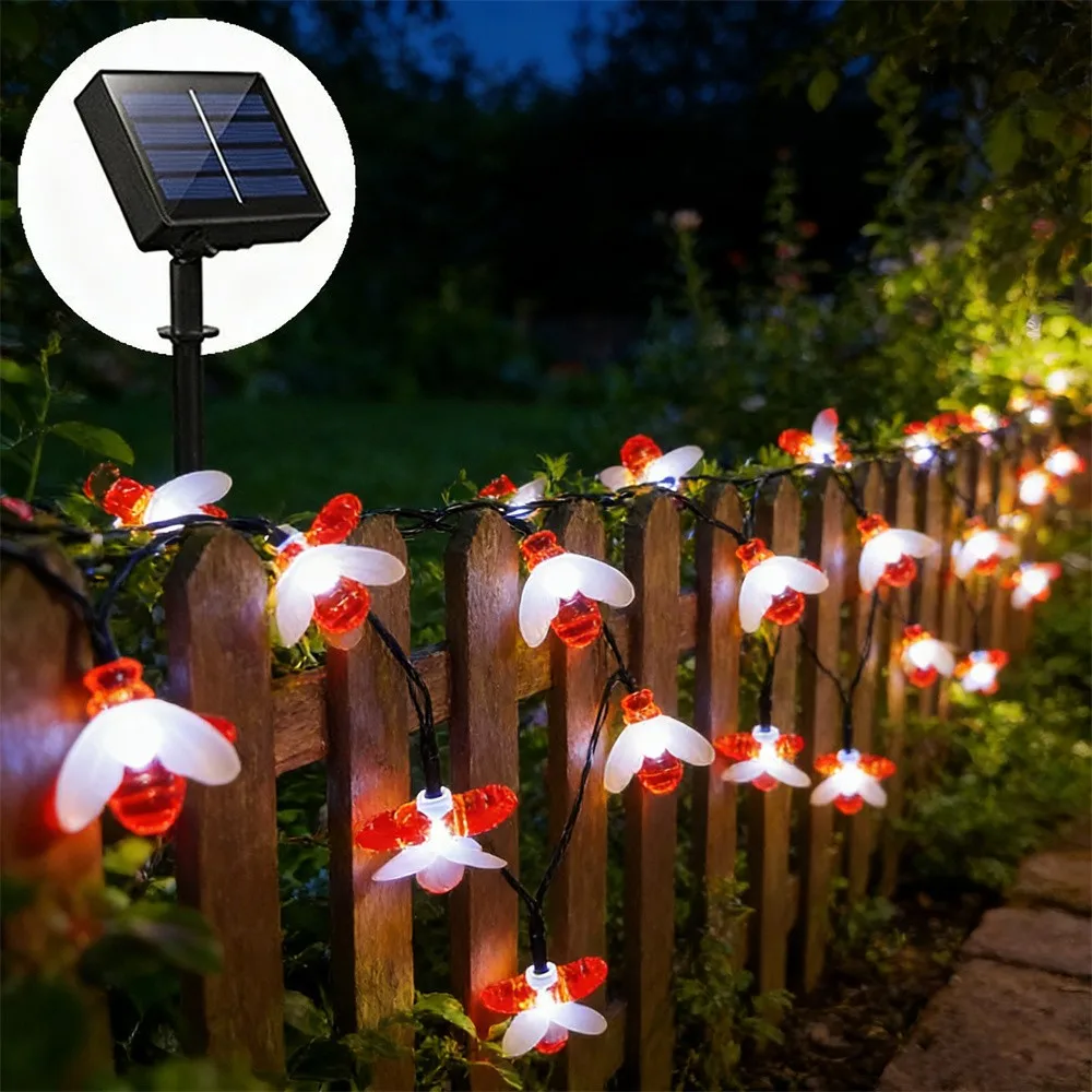Solar-Powered Honey Bee String Lights - 8 Mode LED Decorative Garden Garland for Holidays and Weddings