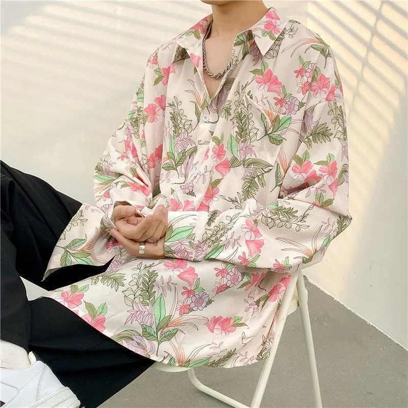 Fashion Streetwear Shirts Graffiti Daisy Flower Painting Print Blouse Hip Hop Harajuku Fashion Loose Long Sleeve Casual Tops Man