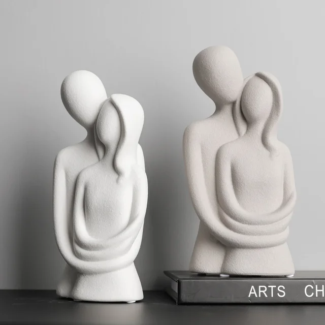 Sculpture de couple abstraite nordique, personnages de câlin d'amant, statues en céramique givrée, Figurines blanches/grises unies, cadeaux de mariage 3