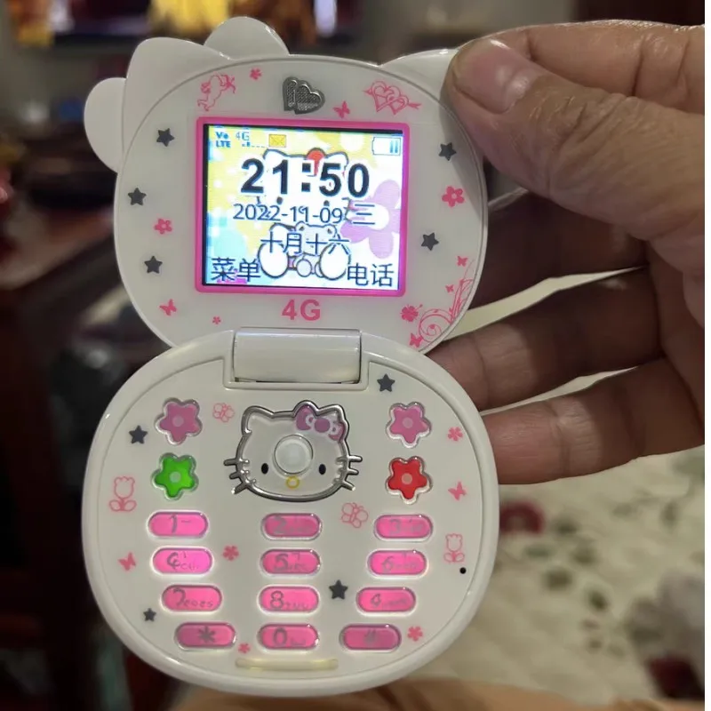 Kawaii Sanrioed Hello Kitty Flip Phone Cartoon Cute Children Taiml