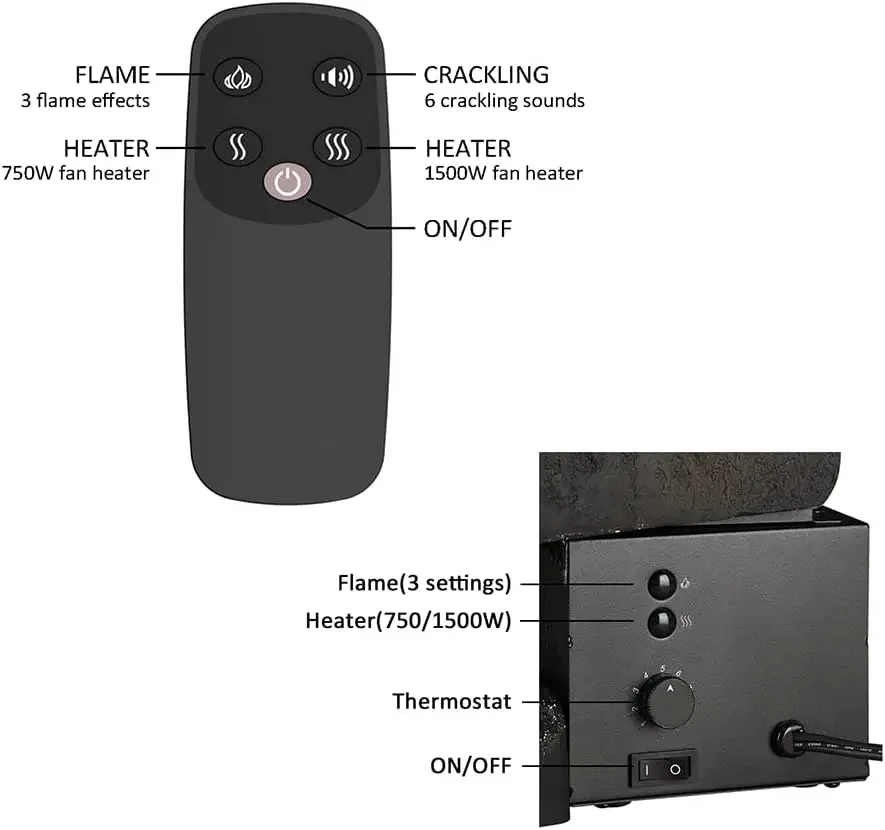 23" W Free Standing Electric Fireplace Log Set , Fireplace Insert, Heater 750W/1500W, Crackling Sound, Remote Control 6