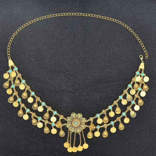 Cinturones de piedra azul Natural con de flor para mujer, cadena de monedas turcas, joyería Nupcial Étnica, joyería corporal de lujo chapada en oro| | - AliExpress