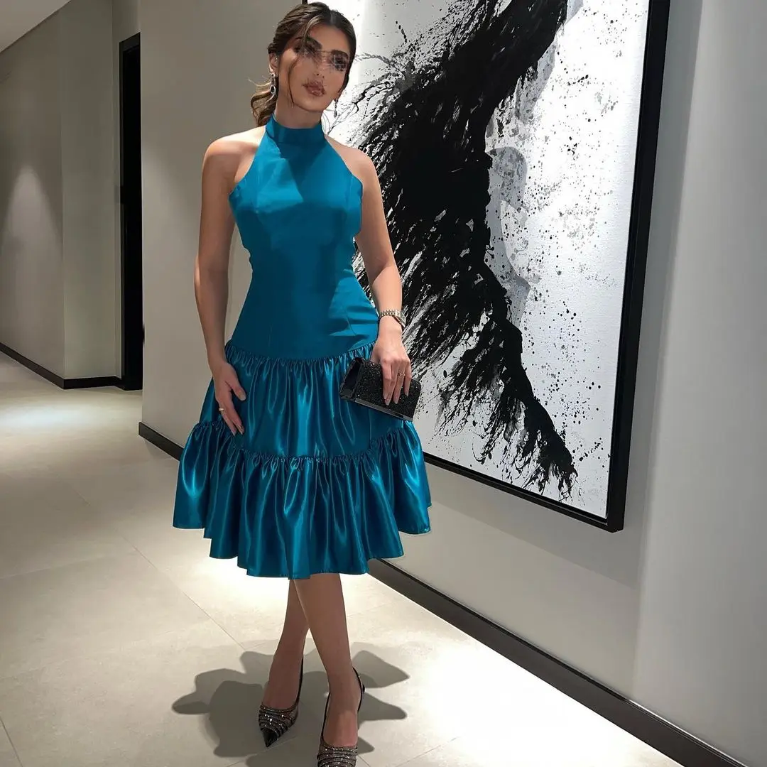 

Vintage Halter Neck Short Prom Dresses Tea Length Party Dresses Backless Saudi Arabia Women Formal Occasion Dress