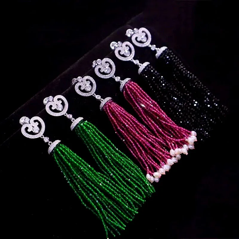 

ZOCA Long Women Tassel Earrings Natural Beaded Statement Tassel Dangle Drop Earring 925 Solid Silver Luxury Jewelry Party Gift