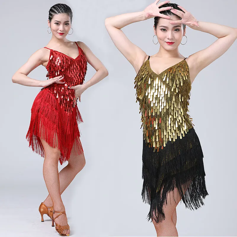 

Женский костюм для Бальных соревнований, красные костюмы для латиноамериканских танцев, танцевальный костюм для сальсы и сальсы, платье с золотыми блестками и бахромой