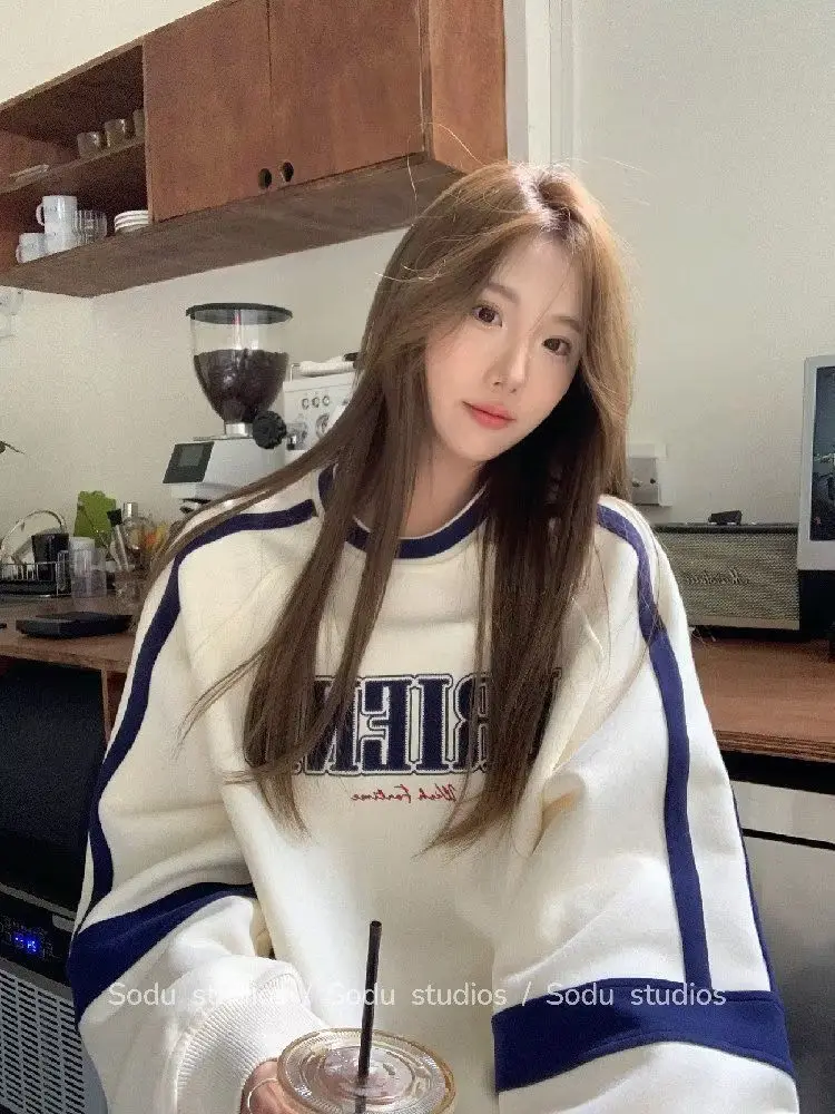 Korea Sweatshirts Fashion Round Neck Street Loose Long-sleeved Retro Jackets Autumn Letter Print Casual Pullover Tops
