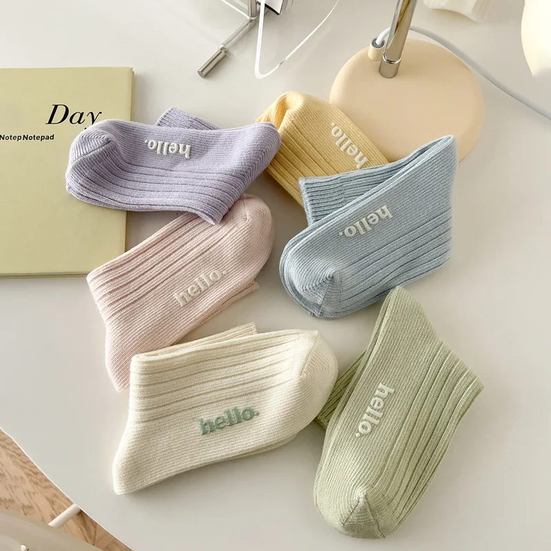

Hot Stamping Macaron Cream Colored Medium Tube Cotton Socks-5 Pairs Set