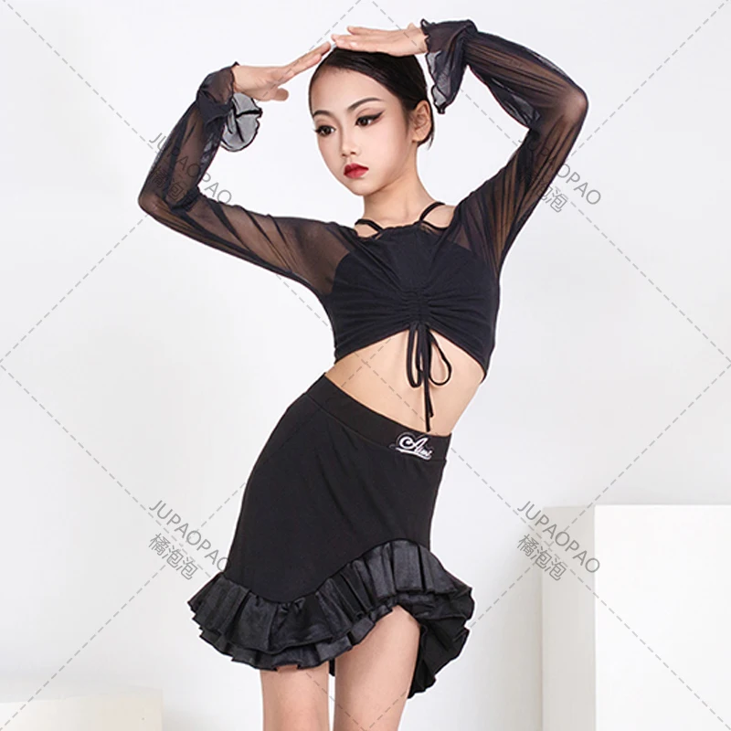 

Summer Girls Latin Dance Clothes Black Tops Ruffled Skirt Kids Cha Cha Dance Practice Wear Rumba Performance Costume