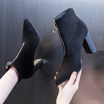 Short Shoes For Women Suede Female Ankle Boots Work Booties Pointed Toe Black On Offer Promotion Hot Fashion 2025 Footwear Pu 39