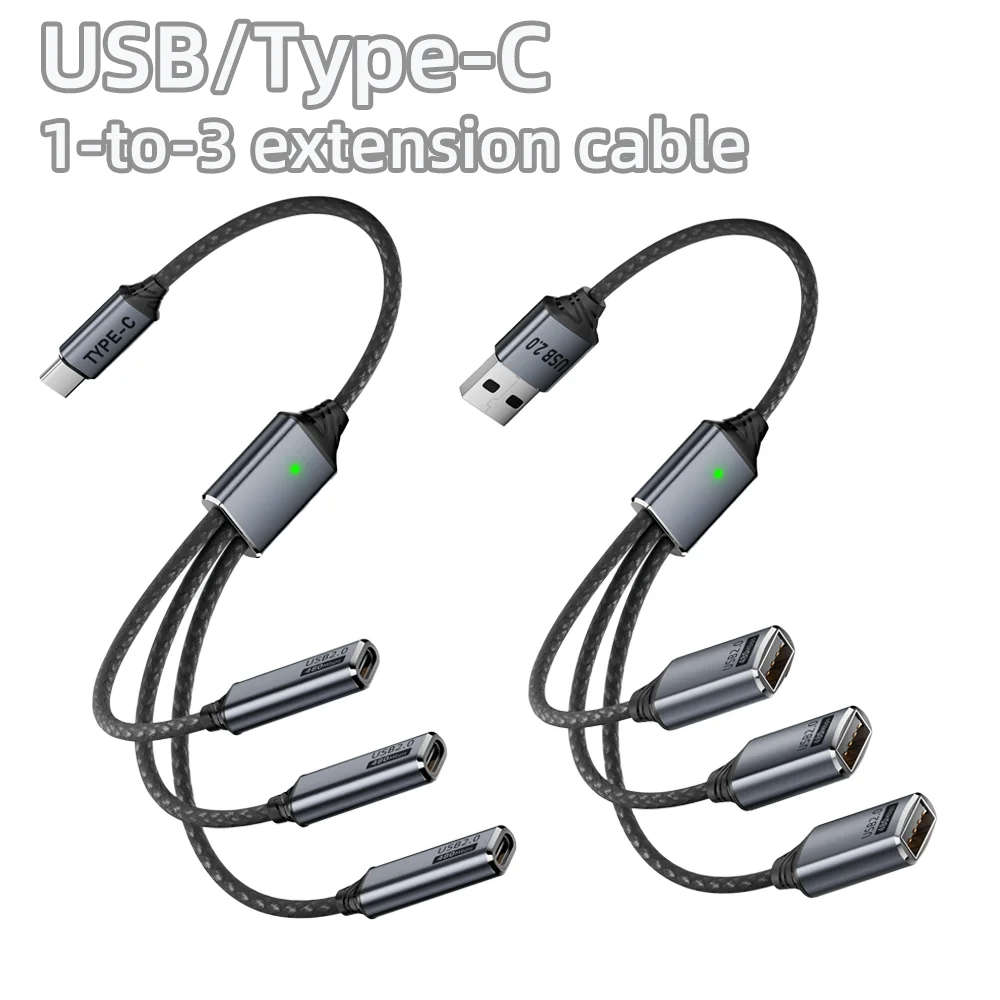 Multi-Port USB Expansion Hub: 3-in-1 Splitter Cable with USB-A/Type-C Outputs