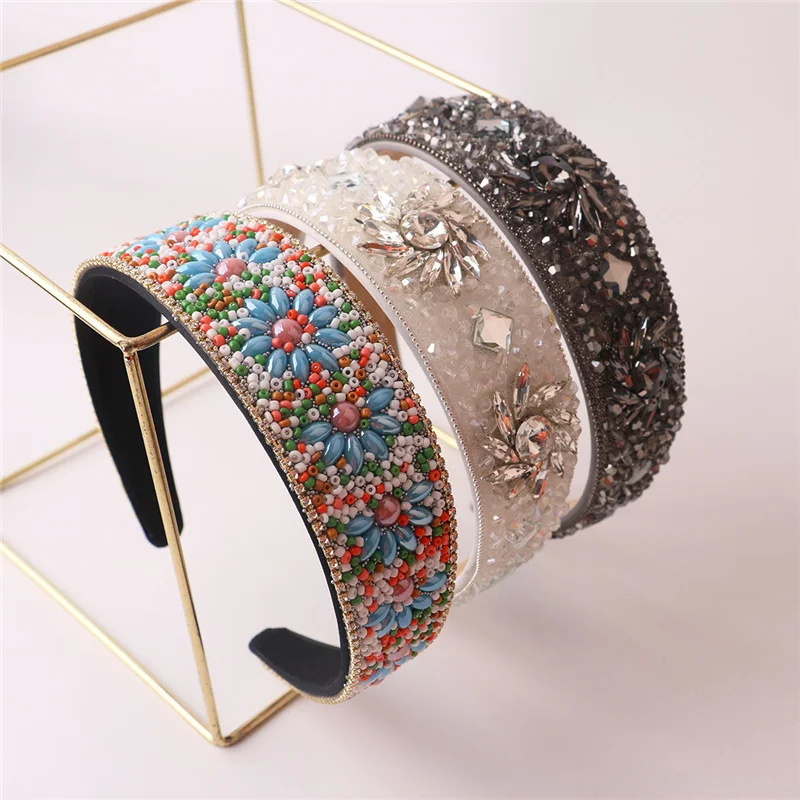 17 styles new high end paris week cc retro rhinestones headband luxury crystal hairbands for women wide print cloth headwear 3 Colors Retro Baroque Sparkly Rhinestones Headbands Full Crystal Hairbands Wide Diamond Headwear Hair Accessories Women