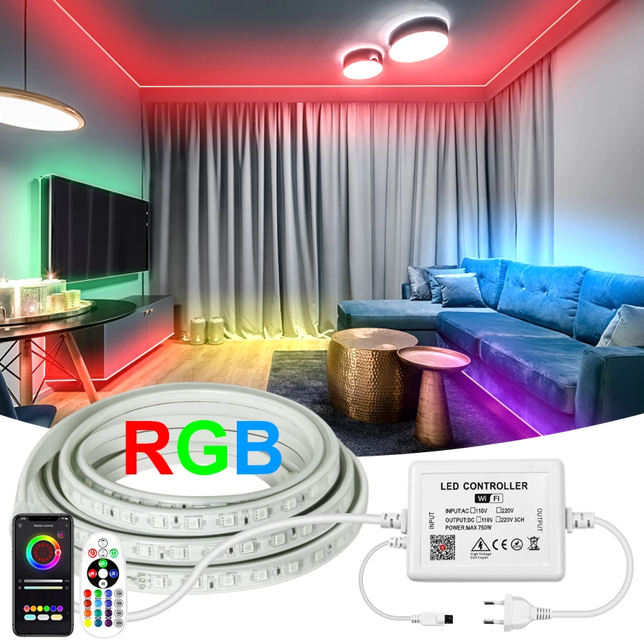 

LED Strip Lights RGB 220V 5050 Flexible Tape Led Ribbon Tuya WiFi /Bluetooth/Remote Control Waterproof IP67 Outdoor Decoration