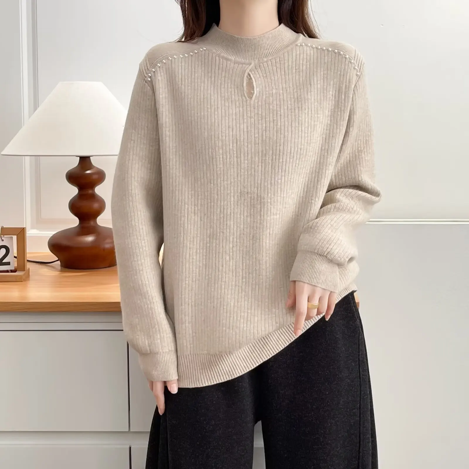 XXXXL Fashion Plus Size Women's Sweaters Autumn Winter New Stylish Beaded hollowed-out one-piece Fleece Warm Knitted Jumper 2586