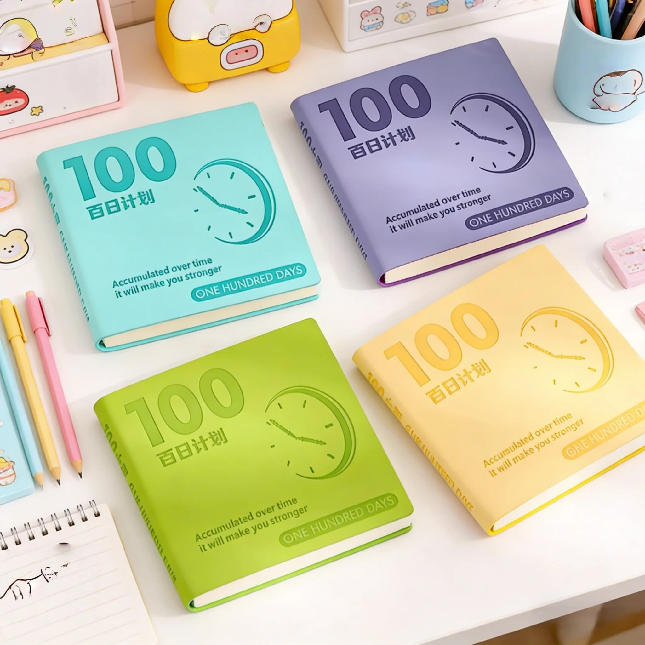 100일 플래너 노트 200페이지 정사각형 저널 10.5cm 라이트 블루 하드커버 학생 및 성인용 일일 습관 추적기