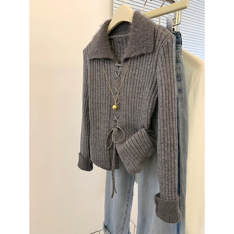 

Autumn Winter Women Solid Knitwear Jumper Slim Long Sleeve Plush Turn-Down Collar Gyaru Knitted Pullover Japanese Fashion 2024