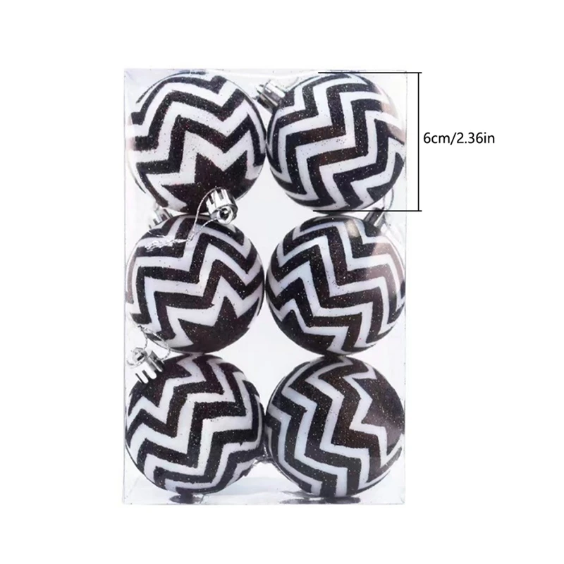 Juego de 6 bolas de Navidad para decoración de árbol de Navidad, pintadas a mano, blancas y negras, de 6 cm, para colgar en el hogar, para ventanas navideñas