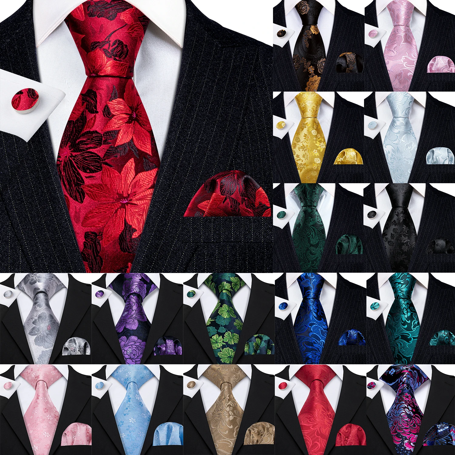 Jacquard Floral Silk Mens Tie Pocket Sqaure Cufflinks Set Flower Necktie For Male Wedding Business Party Events Gift neck tie,pocket square
